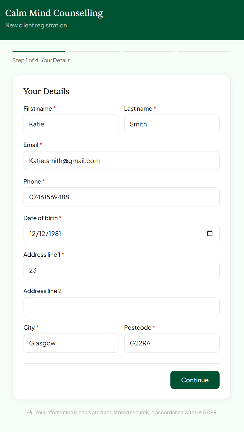 Blether intake form showing client registration with personal details, address, and continue button
